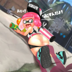 Rule 34 | 1girl, anus, ass, bike shorts, blue footwear, green eyes, highres, ink tank (splatoon), inkling, inkling girl, inkling player character, japanese text, looking back, lying, nemimini, nintendo, on stomach, pink hair, screaming, shirt, shoe soles, splatoon (series), splatoon 2, splattershot (splatoon), tagme, tank top, tentacle hair, translation request, uncensored, undressing, undressing another, white shirt