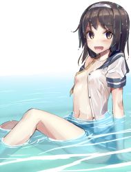 Rule 34 | 1girl, breasts, hairband, kantai collection, looking at viewer, navel, no bra, open clothes, open mouth, partially submerged, short hair, short sleeves, small breasts, solo, tanikaze (kancolle), tenrai, wet, wet clothes, white hairband