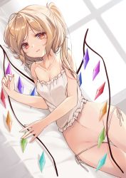 Rule 34 | 1girl, bare arms, bare shoulders, bed, blonde hair, blush, camisole, commentary request, cowboy shot, crystal, dutch angle, flandre scarlet, groin, haruki (colorful macaron), highres, indoors, long hair, looking at viewer, lying, navel, no headwear, on side, one side up, orange eyes, panties, parted lips, side-tie panties, solo, spaghetti strap, stomach, strap slip, thighs, touhou, underwear, white panties, wings