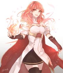 Rule 34 | 1girl, bare shoulders, breasts, cape, celica (fire emblem), cleavage, earrings, fingerless gloves, fire, fire emblem, fire emblem echoes: shadows of valentia, gloves, hairband, iriya (lonesome), jewelry, nintendo, open mouth, red cape, red eyes, red hair, skirt, smile, thighhighs, zettai ryouiki