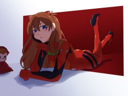 Rule 34 | 1girl, absurdres, artist request, ass, bodysuit, breasts, brown hair, doll, full body, hair between eyes, highres, interface headset, long hair, looking at viewer, lying, neon genesis evangelion, plugsuit, red bodysuit, shiny clothes, simple background, solo, souryuu asuka langley, two-tone background, two side up, very long hair, wide hips