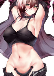 Rule 34 | absurdres, armpits, arms up, black camisole, black pants, breasts, brown hair, camisole, cleavage, clothes pull, collarbone, crop top, gradient hair, hair between eyes, highres, hololive, kokihanada, large breasts, looking at viewer, midriff, multicolored hair, navel, pants, pants pull, roboco-san, short hair, simple background, solo, virtual youtuber, white background, yellow eyes