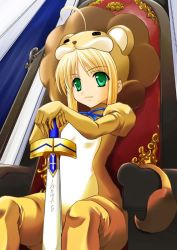 Rule 34 | 1girl, animal ears, artoria pendragon (fate), blonde hair, cosplay, fate/stay night, fate/tiger colosseum, fate (series), green eyes, lion, maho (yakimorokoshi), saber (fate), saber lion, sitting, solo, sword, throne, weapon