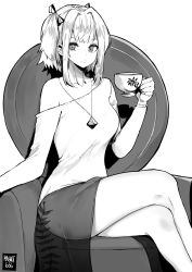 Rule 34 | 1girl, armchair, artist name, chair, commission, cup, facing viewer, feet out of frame, greyscale, highres, jewelry, crossed legs, looking at viewer, monochrome, norman maggot, original, pendant, sitting, solo, teacup