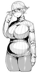 Rule 34 | 1girl, belly, big belly, breasts, elf, elf-san wa yaserarenai., elfuda (elf-san wa yaserarenai.), glasses, hand on own cheek, hand on own face, hip focus, huge breasts, looking at viewer, monochrome, open mouth, plump, pointy ears, simple background, solo, sweater, synecdoche, thick thighs, thighs