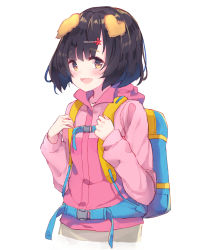 Rule 34 | 1girl, :d, animal ears, backpack, bag, black hair, blush, brown eyes, copyright request, dog ears, hair ornament, hairclip, highres, holding, hood, hood down, hooded jacket, jacket, long sleeves, looking at viewer, makiaato, open mouth, pink jacket, short hair, simple background, smile, solo, white background