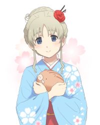 Rule 34 | 1girl, alternate hairstyle, artist request, blue eyes, blush, darling in the franxx, hair ornament, japanese clothes, kimono, kokoro (darling in the franxx), pig, smile, stuffed animal, stuffed toy