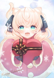 Rule 34 | 1girl, :3, :d, absurdres, animal ear fluff, animal ears, bad id, bad pixiv id, blonde hair, blue eyes, blush, box, cat ears, cat girl, cat tail, dress, fang, from above, fur-trimmed dress, fur trim, gloves, hair ribbon, happy valentine, heart-shaped box, highres, holding, holding box, long hair, long sleeves, looking at viewer, lushuao, open mouth, original, pom pom (clothes), ribbon, skin fang, smile, snowflakes, snowing, solo, tail, twintails, valentine