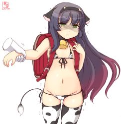 Rule 34 | 1girl, alternate costume, animal ears, animal print, artist logo, backpack, bag, bikini, black hair, cameltoe, commentary request, covered erect nipples, cow ears, cow horns, cow print, cow tail, cowboy shot, dated, disembodied hand, flat chest, front-tie top, gluteal fold, gradient hair, green eyes, groin, highres, holding hands, horns, kanon (kurogane knights), kantai collection, long hair, lowleg, lowleg bikini, matsuwa (kancolle), micro bikini, multicolored hair, navel, one-hour drawing challenge, purple hair, randoseru, shaded face, side-tie bikini bottom, simple background, swimsuit, tail, thighhighs, trembling, white background, white bikini, white thighhighs