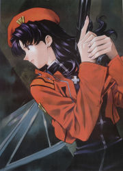 Rule 34 | 1girl, absurdres, against wall, beret, black dress, black eyes, cleaned, closed mouth, cross, cross necklace, dress, dutch angle, earrings, frown, gun, handgun, hands up, hat, hiding, highres, holding, holding gun, holding weapon, jacket, jewelry, katsuragi misato, lips, long hair, long sleeves, looking back, neck, necklace, neon genesis evangelion, parted bangs, purple hair, red hat, red jacket, sadamoto yoshiyuki, scan, serious, solo, standing, straight hair, stud earrings, trigger discipline, two-handed, uniform, weapon