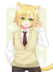 Rule 34 | 1boy, :d, animal ear fluff, animal ears, blonde hair, brown necktie, brown pants, cat boy, cat ears, cat tail, collared shirt, cowboy shot, green eyes, grey background, hair between eyes, hand up, highres, kemonomimi mode, long sleeves, looking at viewer, male focus, necktie, nijisanji, open mouth, pants, paw print, paw print background, school uniform, shikito (yawa0w0), shirt, smile, solo, sweater vest, tail, two-tone background, uzuki kou, v-shaped eyebrows, virtual youtuber, white background, white shirt