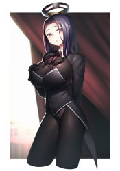 Rule 34 | 1girl, :o, black gloves, black leotard, blurry, blurry background, breasts, brown pantyhose, commentary request, contrapposto, curtains, depth of field, gloves, halo, hand on own chest, hand up, harau, highres, kantai collection, large breasts, leotard, long sleeves, looking at viewer, mechanical halo, neck ribbon, pantyhose, parted lips, purple eyes, purple hair, red ribbon, ribbon, solo, standing, tatsuta (kancolle)