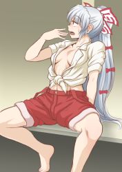 Rule 34 | 1girl, barefoot, bow, breasts, cleavage, fujiwara no mokou, gradient background, hair bow, hot, iromeki overdrive, long hair, no bra, open clothes, open mouth, open shirt, ponytail, red eyes, shirt, shorts, silver hair, sitting, sketch, small breasts, solo, suspender shorts, suspenders, tied shirt, touhou, very long hair
