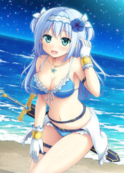 Rule 34 | 1girl, bad id, bad pixiv id, beach, bikini, blue eyes, blue hair, breasts, cleavage, cowboy shot, diffraction spikes, flower, gloves, hair flower, hair ornament, hair ribbon, hairband, hibiscus, highres, jewelry, kaku-san-sei million arthur, leaning forward, long hair, looking at viewer, matching hair/eyes, medium breasts, million arthur (series), nakamura sumikage, navel, night, open mouth, original, pendant, ribbon, smile, solo, standing, star (symbol), swimsuit, sword, twintails, two side up, weapon