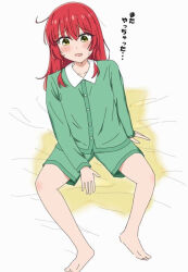 1girl barefoot bedwetting blush bocchi_the_rock! collar female_focus green_eyes green_pajamas kita_ikuyo nedame045 open_mouth pajamas pee pee_stain peed_self peeing red_hair sweat white_collar