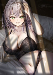 1girl :d absurdres arm_up armpits bed_sheet black_bra black_panties blush bra braid breasts cleavage collarbone green_eyes grey_hair highres hololive huge_breasts indoors looking_at_viewer lying medium_hair mito_soosu navel on_bed on_side open_mouth panties pillow shirogane_noel side_braid smile solo steaming_body underwear underwear_only virtual_youtuber