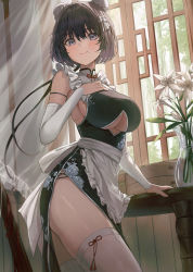 Rule 34 | 1girl, 2gong (9ujin ), apron, black dress, black hair, blush, breasts, bun cover, china dress, chinese clothes, closed mouth, clothing cutout, cowboy shot, curtains, detached sleeves, double bun, dress, frilled apron, frills, grey eyes, hair bun, highres, indoors, large breasts, looking at viewer, maid, mole, mole under mouth, original, pelvic curtain, qi maid, see-through, short hair, side slit, sideboob, smile, solo, standing, thighhighs, thighs, underboob cutout, vase, waist apron, white apron, white sleeves, white thighhighs, window