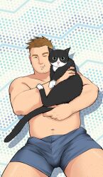 Rule 34 | 1boy, animal, bara, beard stubble, belly, brown hair, bulge, cat, facial hair, highres, holding, holding animal, holding cat, leetong, looking at viewer, male focus, mature male, muscular, muscular male, navel, one eye closed, original, short hair, short shorts, shorts, solo, sparse leg hair, sparse navel hair, stomach, stubble, topless male