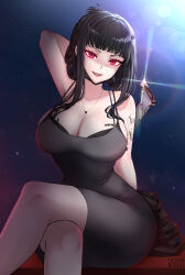 Rule 34 | 1girl, axe, barcode, barcode tattoo, black bra, black dress, black hair, black nails, blunt bangs, blush, bra, breast tattoo, breasts, butterfly tattoo, closed mouth, crossed legs, d (killer wife) (nikke), d (nikke), dongtan dress, dress, evening gown, goddess of victory: nikke, grin, hatchet (axe), heart, heart necklace, highres, holding, holding weapon, hoshiberuu, jewelry, large breasts, long hair, looking at viewer, meme attire, nail polish, necklace, official alternate costume, red eyes, sitting, smile, solo, tattoo, underwear, weapon
