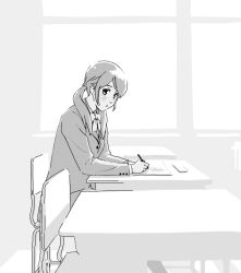 Rule 34 | 1girl, bad drawr id, bad id, blazer, blush, bow, bowtie, chair, character request, classroom, collared shirt, copyright request, desk, francine (daijaemon), greyscale, holding, jacket, long hair, long sleeves, looking at viewer, low twintails, monochrome, oekaki, on chair, paper, parted lips, school chair, school desk, school uniform, shirt, simple background, sitting, skirt, solo, twintails, white background, writing