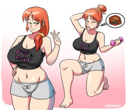 Rule 34 | 1girl, aged up, arm behind head, arm up, barefoot, black shirt, blush, breasts, burger, cleavage, clothes writing, collarbone, dakunart, dumbbell, earrings, exercising, food, green eyes, grey shorts, hair bun, hand on own hip, highres, jewelry, large breasts, long hair, looking at viewer, lucy (dakunart), midriff, mature female, navel, no symbol, one eye closed, on one knee, open mouth, ponytail, red hair, scrunchie, shirt, shorts, single hair bun, smile, standing, sweat, tank top, thought bubble, waving, weightlifting