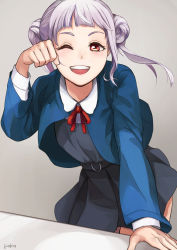 Rule 34 | 1girl, ;), absurdres, arashi chisato, artist name, artist request, bare legs, belt, blue cardigan, blue jacket, blush, bow, bowtie, breasts, buttons, cardigan, collared shirt, cropped jacket, double bun, dress, dress shirt, female focus, floating hair, grey background, grey belt, grey shirt, grey skirt, hair bun, hair tie, highres, jacket, long hair, long sleeves, looking at viewer, love live!, love live! superstar!!, miniskirt, neck ribbon, o-ring, o-ring belt, one eye closed, parted lips, paw pose, plaid, plaid skirt, pleated, pleated skirt, red bow, red eyes, red ribbon, ribbon, school uniform, shirt, skirt, small breasts, smile, solo, teeth, twintails, wavy hair, white hair, white shirt, wing collar, wink, yuigaoka school uniform
