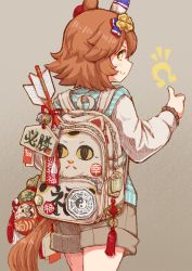 Rule 34 | + +, 1girl, animal ears, arrow (projectile), backpack, bag, bag charm, bagua, bell, brown shorts, charm (object), clover hair ornament, coin, commentary request, cowboy shot, daruma doll, ema, from behind, gourd, hair ornament, highres, holed coin, horse ears, horse girl, horse tail, long sleeves, looking at viewer, looking back, matikanefukukitaru (umamusume), orange hair, satomura kyou, short hair, shorts, smile, solo, tail, thumbs up, trigram, umamusume