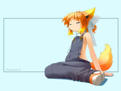 Rule 34 | 1girl, animal ears, arm support, black background, blonde hair, blue background, blush, bow, bowtie, buttons, child, closed eyes, copyright name, digital media player, earbuds, earphones, flat chest, fox ears, fox tail, framed, from side, full body, gradient hair, hair bow, kitsupon, lolifox, mozilla firefox, multicolored hair, naked overalls, official art, official wallpaper, orange hair, os-tan, overalls, personification, ponytail, shadow, shoes, short hair, sidelocks, simple background, sitting, sneakers, solo, tail, wallpaper, wariza