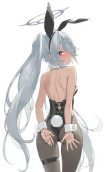 Rule 34 | 1girl, animal ears, ass, black hairband, black leotard, blue archive, blush, breasts, brown pantyhose, clenched teeth, commentary request, embarrassed, fake animal ears, from behind, grey hair, hair over one eye, hairband, halo, highres, iori (blue archive), kani biimu, leotard, long hair, looking at viewer, looking back, nose blush, pantyhose, rabbit ears, rabbit tail, red eyes, simple background, skindentation, small breasts, solo, strapless, strapless leotard, sweat, tail, teeth, thigh strap, twintails, very long hair, white background