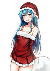 Rule 34 | &gt;:d, 1girl, :d, alternate costume, bare shoulders, blue hair, blush, breasts, collarbone, cowboy shot, dress, food, fruit, fur trim, hair between eyes, hat, highres, hinanawi tenshi, long hair, looking at viewer, open mouth, peach, red dress, red eyes, sack, santa costume, santa hat, short dress, sidelocks, simple background, small breasts, smile, solo, sweat, touhou, v-shaped eyebrows, white background, yuhito (ablbex)