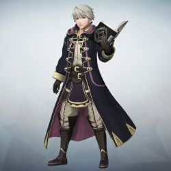 Rule 34 | 1boy, 3d, book, boots, brown eyes, cloak, detached sleeves, fire emblem, fire emblem awakening, fire emblem warriors, full body, gloves, gradient background, highres, holding, holding book, knee boots, long coat, looking at viewer, male focus, nintendo, official art, pants, robin (fire emblem), robin (male) (fire emblem), short hair, simple background, solo, standing, white hair