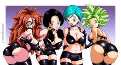 Rule 34 | 4girls, android 21, ass, black hair, blue hair, bra, breasts, brown hair, bulma, cameltoe, cleavage, dragon ball, dragon ball fighterz, dragon ball super, dragonball z, earrings, franfuentesart2, glasses, green hair, grin, jewelry, kefla (dragon ball), long hair, midriff, multiple girls, navel, nervous, smile, thighhighs, thighs, tomboy, twintails, underwear, videl