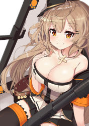 Rule 34 | 1girl, absurdres, bare shoulders, black skirt, black thighhighs, blush, breasts, brown background, brown eyes, cleavage, closed mouth, collarbone, commentary, cross, cross necklace, fingernails, girls&#039; frontline, gun, hair between eyes, hand up, highres, ithaca m37, j young, jacket, jewelry, large breasts, light brown hair, long hair, m37 (girls&#039; frontline), name connection, necklace, object namesake, pleated skirt, pump action, short sleeves, shotgun, shotgun shell, skirt, smile, solo, thighhighs, two-tone background, very long hair, weapon, white background, white jacket, wide sleeves
