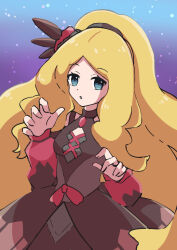 Rule 34 | 1girl, black dress, blonde hair, blue eyes, caitlin (fall 2021) (pokemon), caitlin (pokemon), creatures (company), dress, game freak, hair ornament, haru (haruxxe), high ponytail, long hair, looking at viewer, nintendo, parted lips, pokemon, pokemon masters ex, ponytail, sketch, solo, upper body, very long hair