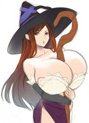Rule 34 | 1girl, between breasts, breasts, brown eyes, brown hair, cleavage, dragon&#039;s crown, gigantic breasts, hat, highres, huge breasts, kloah, long hair, parted lips, simple background, sketch, solo, sorceress (dragon&#039;s crown), staff, white theme, witch hat