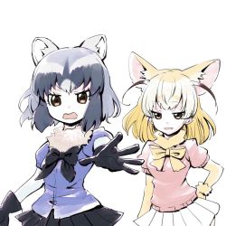 Rule 34 | 10s, 2girls, :d, ahoge, animal ears, arm behind back, black gloves, black ribbon, black skirt, blonde hair, blue hair, blue shirt, bodystocking, brown eyes, brown hair, collar, colored skin, commentary request, common raccoon (kemono friends), d:, d:&lt;, dot nose, eyelashes, fennec (kemono friends), fox ears, fur collar, gloves, gradient hair, hand on own hip, hatching (texture), inumoto, jitome, kemono friends, light purple hair, looking at another, looking at viewer, multicolored hair, multiple girls, neck ribbon, open mouth, outstretched hand, partially colored, pink shirt, pleated skirt, puffy short sleeves, puffy sleeves, raccoon ears, raised eyebrows, ribbon, shirt, short hair, short sleeves, simple background, sketch, skirt, smile, smug, two-tone hair, upper body, v-shaped eyebrows, white background, white skin, white skirt, wristband, yellow ribbon