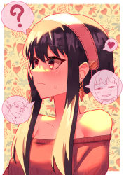 Rule 34 | 1boy, 2girls, ?, anya&#039;s heh face (meme), anya (spy x family), bare shoulders, black hair, blush, closed mouth, earrings, hairband, half-closed eyes, highres, jewelry, looking to the side, meme, multiple girls, off shoulder, red eyes, red sweater, sidelocks, spy x family, sweatdrop, sweater, thought bubble, twilight (spy x family), yor briar, yumesphere