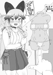 Rule 34 | 1girl, absurdres, angry, animal ears, bag, bikini, blush, choker, disembodied hand, embarrassed, extra ears, fangs, flying sweatdrops, fox ears, fox girl, fox tail, frilled shirt, frills, greyscale, hair between eyes, hair ornament, hairclip, handbag, highres, jewelry, kemono friends, kumasyan1998, long hair, looking at viewer, mannequin, micro bikini, monochrome, necklace, official alternate costume, open mouth, pleated skirt, shirt, sidelocks, silver fox (kemono friends), skirt, sleeveless, striped clothes, striped shirt, swimsuit, tail, translation request, vertical-striped clothes, vertical-striped shirt