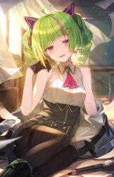 Rule 34 | 1girl, absurdres, ahoge, ascot, bare shoulders, black skirt, blush, breasts, chalkboard, curtains, delutaya, diagonal bangs, dvdarts, earrings, flying paper, gloves, green hair, highres, indie virtual youtuber, indoors, jacket, jewelry, light particles, light rays, looking at viewer, microphone, midriff, narrowed eyes, navel, off shoulder, on ground, open mouth, paper, red eyes, sheet music, shirt, sitting, skirt, small breasts, smile, solo, sunbeam, sunlight, triangle, triangle earrings, twintails, virtual youtuber, white shirt, window, yokozuwari