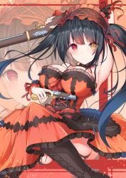 Rule 34 | 1girl, absurdres, arm up, armpits, black footwear, black hair, boots, breasts, cleavage, clock eyes, closed mouth, cross-laced clothes, date a live, dress, gun, hairband, heterochromia, highres, holding, holding gun, holding weapon, jam (jamjam777), large breasts, lolita fashion, lolita hairband, long hair, looking at viewer, orange dress, red eyes, sitting, sleeveless, sleeveless dress, smile, solo, symbol-shaped pupils, tokisaki kurumi, twintails, weapon, yellow eyes, zoom layer