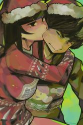 Rule 34 | 1boy, 1girl, biting, black hair, breasts, cheek biting, christmas, couple, green background, highres, large breasts, long hair, looking at viewer, madeline (eric muentes), mole, mole under eye, original, red eyes, short hair, simple background, sitting, sitting on person, sweater, swept bangs, twitter username, woofycakes