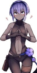 Rule 34 | 1girl, bare arms, bare shoulders, blush, breasts, cleavage, contrapposto, dark skin, dark-skinned female, fate/grand order, fate/prototype, fate/prototype: fragments of blue and silver, fate (series), gloves, gluteal fold, hassan of serenity (fate), heart, medium breasts, navel, plan (planhaplalan), purple eyes, purple hair, short hair, solo, standing, thigh gap, white background