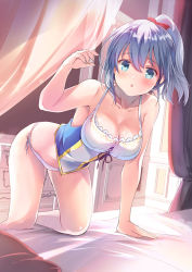 Rule 34 | 1girl, :o, bare arms, bare legs, bed, blue eyes, blush, botanzuru (flower knight girl), bow, breasts, cleavage, collarbone, curtains, flower knight girl, grey hair, hair bow, indoors, large breasts, lingerie, looking at viewer, open mouth, panties, ponytail, red bow, satou satoru, short hair, side-tie panties, solo, underwear, white panties