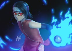 Rule 34 | 10s, 1girl, arm warmers, bare shoulders, black background, black hair, blurry, boruto: naruto next generations, clenched hand, commentary, english commentary, fire, forehead protector, glasses, glowing, jacket, looking away, naruto (series), nhaliz, parted lips, red-framed eyewear, red eyes, red jacket, sharingan, short hair, shorts, signature, sleeveless jacket, solo, standing, uchiha sarada, white shorts