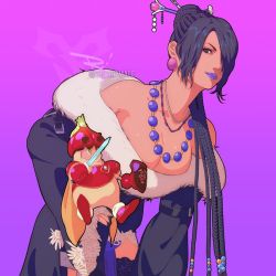 Rule 34 | 1girl, bead necklace, beads, black dress, black hair, black thighhighs, braid, breasts, brown eyes, cleavage, cowboy shot, doll, dress, earrings, final fantasy, final fantasy x, fur trim, hair bun, hair ornament, hair over one eye, hair stick, holding, holding doll, jewelry, large breasts, leaning forward, long hair, looking at viewer, lulu (ff10), makeup, multiple braids, multiple necklaces, necklace, off-shoulder dress, off shoulder, one eye covered, purple background, purple lips, solo, strapless, strapless dress, the art mage, thighhighs, twitter username, wide sleeves