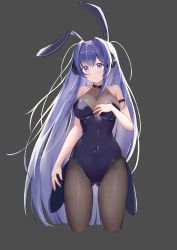 Rule 34 | 1girl, absurdres, animal ears, arm strap, azur lane, bare shoulders, bodystocking, fake animal ears, gluteal fold, grey background, hasana, highres, leotard, long hair, looking at viewer, new jersey (azur lane), pantyhose, playboy bunny, purple eyes, purple leotard, rabbit ears, see-through, simple background, skin tight, solo, strapless, very long hair