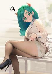 Rule 34 | 1girl, black footwear, breasts, brown jacket, brown pantyhose, brown skirt, chewing gum, clothes lift, fine fabric emphasis, foot out of frame, green eyes, green hair, head tilt, high heels, highres, horns, jacket, knees together feet apart, lace, lace panties, legs, long sleeves, medium breasts, nahia (some1else45), office lady, on bench, original, outdoors, panties, panties under pantyhose, pantyhose, parted bangs, patent heels, pumps, see-through, see-through legwear, shadow, shoes, sitting, skirt, skirt lift, solo, some1else45, squiggle, stiletto heels, sweatdrop, turn pale, underwear, white panties