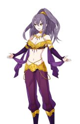 Rule 34 | 1girl, arabian clothes, bare shoulders, breasts, choker, cleavage, detached sleeves, grin, hair between eyes, harem outfit, harem pants, ichinose shiori, jewelry, long hair, looking to the side, midriff, navel, necklace, official art, outstretched arms, pants, ponytail, purple hair, ring dream, see-through, smile, solo, spread arms, transparent background, yellow eyes, yorumura shiro