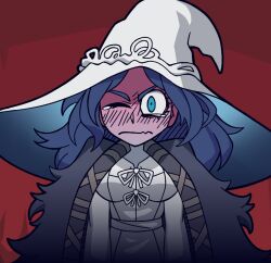 Rule 34 | 1girl, angry, blue eyes, blue hair, blush, breasts, cloak, commentary, dress, elden ring, english commentary, full-face blush, fur cloak, hat, helltaker, highres, large breasts, large hat, long hair, looking at viewer, one eye closed, ranni the witch, red background, shi ling yu, solo, tearing up, vanripper (style), wavy hair, white dress, white hat, wide sleeves, witch, witch hat