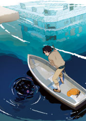 Rule 34 | 1boy, :d, bag, boat, brown hair, bubble, building, creature, day, holding, jacket, male focus, monster, oar, open mouth, original, outdoors, pants, ponytail, reflection, ripples, shirt, shoes, signature, smile, solo, standing, ukumo uichi, watercraft